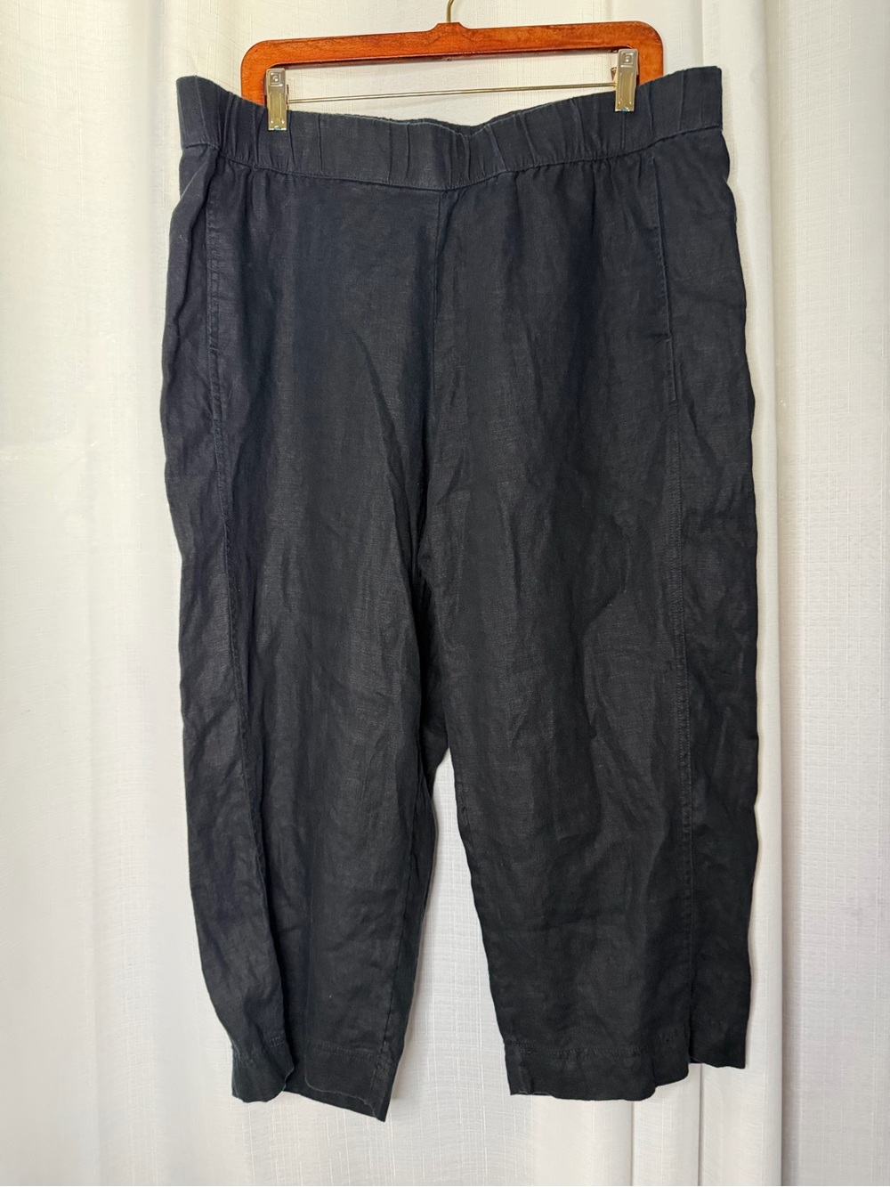 Pure Linen Black 100% Linen Pull-On Crop Pants XL Elastic Waist Casual Wide Leg
